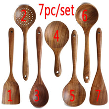 Carregar imagem no visualizador da galeria, 7 pçs/conjunto Teca Madeira Natural Utensílios de Mesa Colher Concha Turner Arroz Escorredor Sopa
